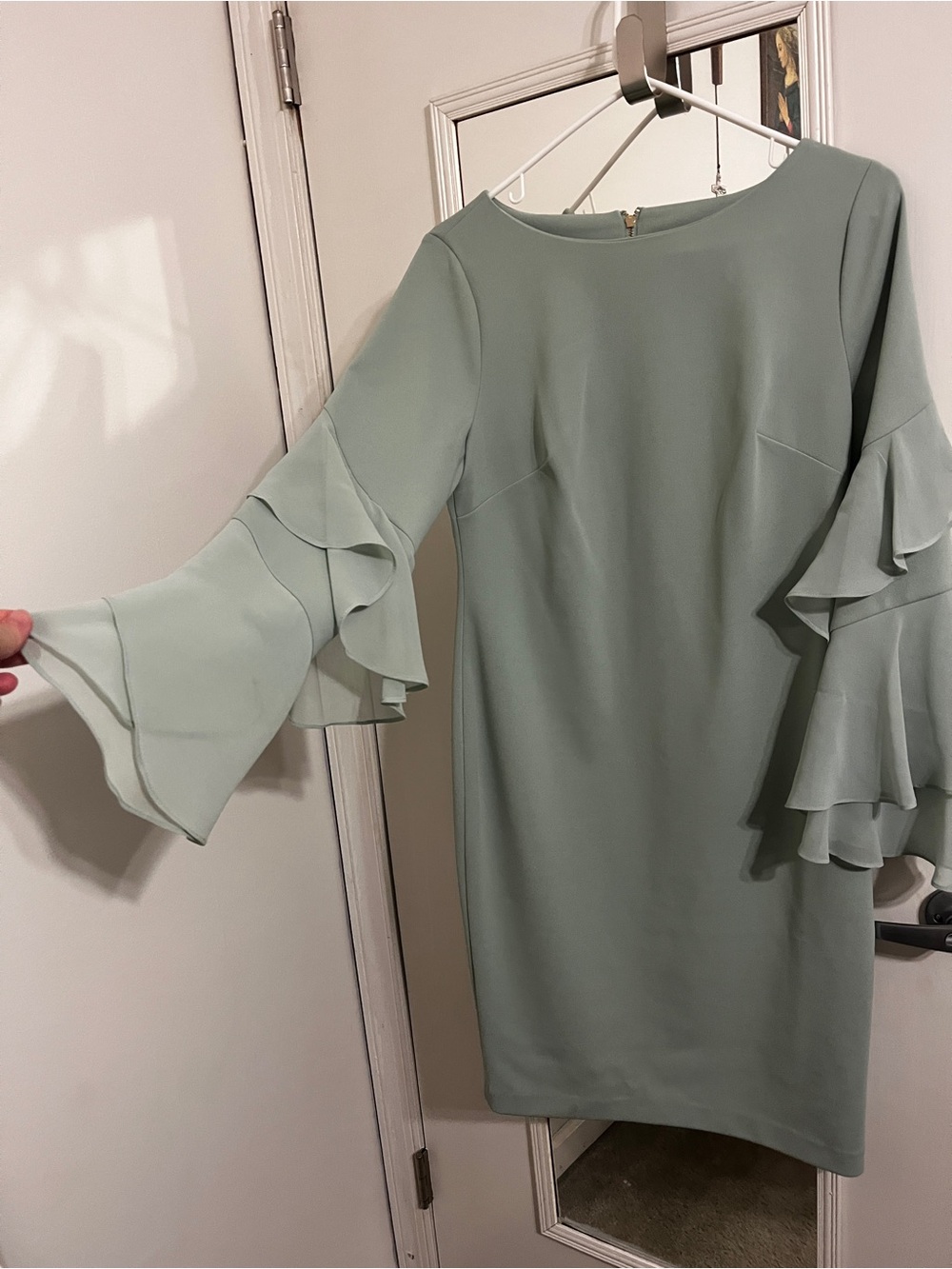 Calvin Klein Ruffle Sleeve Shift Dress in Sage Green